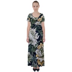 Flower Blossom Bloom Botanical Spring Nature Floral Pattern Leaves High Waist Short Sleeve Maxi Dress