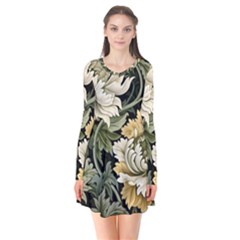 Flower Blossom Bloom Botanical Spring Nature Floral Pattern Leaves Long Sleeve V-neck Flare Dress