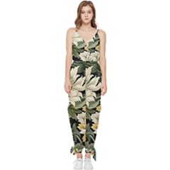 Flower Blossom Bloom Botanical Spring Nature Floral Pattern Leaves Sleeveless Tie Ankle Chiffon Jumpsuit