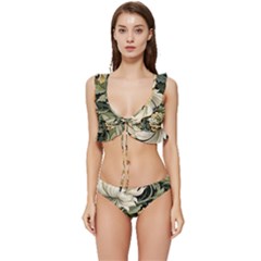 Flower Blossom Bloom Botanical Spring Nature Floral Pattern Leaves Low Cut Ruffle Edge Bikini Set by Maspions