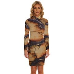 Texture Woodgrain Pattern Nature Wood Pattern Long Sleeve Shirt Collar Bodycon Dress