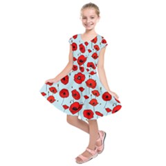 Poppies Flowers Red Seamless Pattern Kids  Short Sleeve Dress