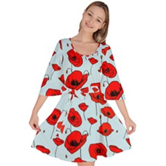 Poppies Flowers Red Seamless Pattern Velour Kimono Dress