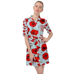 Poppies Flowers Red Seamless Pattern Belted Shirt Dress