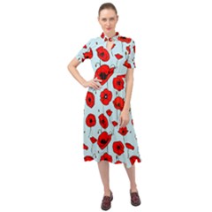 Poppies Flowers Red Seamless Pattern Keyhole Neckline Chiffon Dress