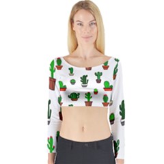 Cactus Plants Background Pattern Seamless Long Sleeve Crop Top by Maspions