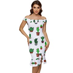 Cactus Plants Background Pattern Seamless Off Shoulder Ruffle Split Hem Bodycon Dress