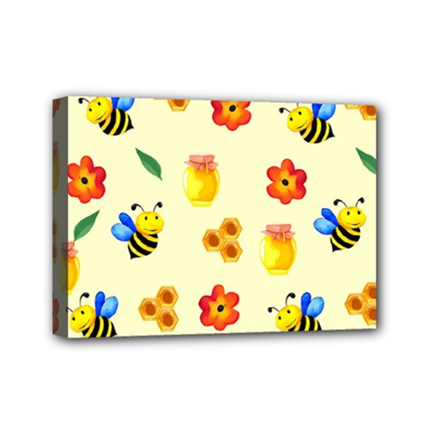 Seamless Honey Bee Texture Flowers Nature Leaves Honeycomb Hive Beekeeping Watercolor Pattern Mini Canvas 7  X 5  (stretched)