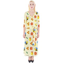 Seamless Honey Bee Texture Flowers Nature Leaves Honeycomb Hive Beekeeping Watercolor Pattern Quarter Sleeve Wrap Maxi Dress