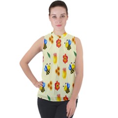 Seamless Honey Bee Texture Flowers Nature Leaves Honeycomb Hive Beekeeping Watercolor Pattern Mock Neck Chiffon Sleeveless Top