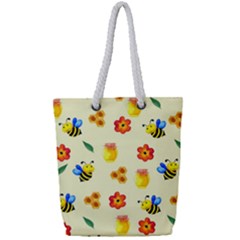 Seamless Honey Bee Texture Flowers Nature Leaves Honeycomb Hive Beekeeping Watercolor Pattern Full Print Rope Handle Tote (small) by Maspions
