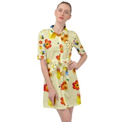 Seamless Honey Bee Texture Flowers Nature Leaves Honeycomb Hive Beekeeping Watercolor Pattern Belted Shirt Dress