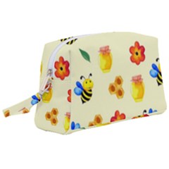 Seamless Honey Bee Texture Flowers Nature Leaves Honeycomb Hive Beekeeping Watercolor Pattern Wristlet Pouch Bag (large)