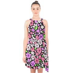 Flowers Floral Pattern Digital Texture Beautiful Halter Collar Waist Tie Chiffon Dress