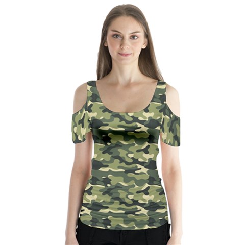 Camouflage Pattern Butterfly Sleeve Cutout T-shirt  by goljakoff