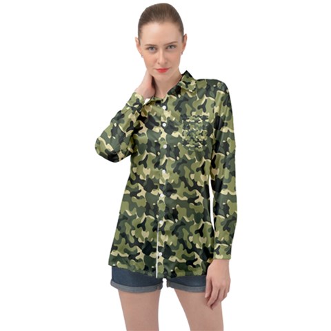Camouflage Pattern Long Sleeve Satin Shirt by goljakoff