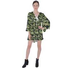 Camouflage Pattern V-neck Flare Sleeve Mini Dress