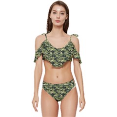 Camouflage Pattern Ruffle Edge Tie Up Bikini Set	