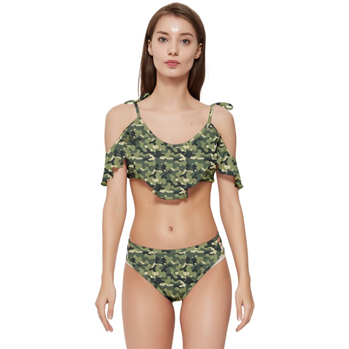 Camouflage pattern Ruffle Edge Tie Up Bikini Set	