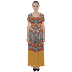 Mandala Orange High Waist Short Sleeve Maxi Dress by goljakoff