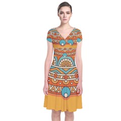 Mandala Orange Short Sleeve Front Wrap Dress