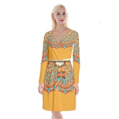 Mandala Orange Long Sleeve Velvet Front Wrap Dress