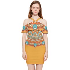 Mandala Orange Shoulder Frill Bodycon Summer Dress
