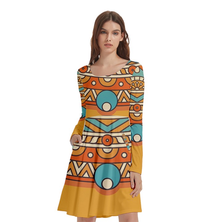 Mandala orange Long Sleeve Knee Length Skater Dress With Pockets