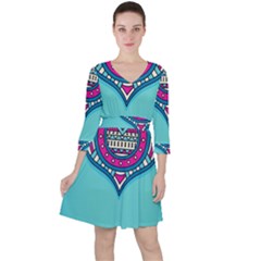Mandala Blue Quarter Sleeve Ruffle Waist Dress
