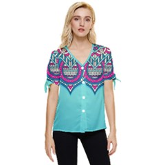 Mandala Blue Bow Sleeve Button Up Top