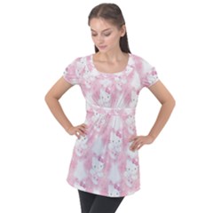 Hello Kitty Pattern, Hello Kitty, Child, White, Cat, Pink, Animal Puff Sleeve Tunic Top