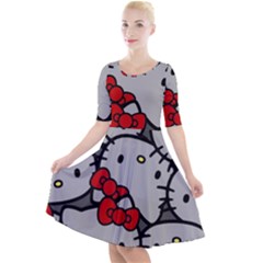 Hello Kitty, Pattern, Red Quarter Sleeve A-line Dress