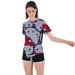 Hello Kitty, Pattern, Red Asymmetrical Short Sleeve Sports T-shirt by nateshop