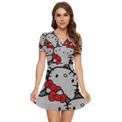 Hello Kitty, Pattern, Red V-neck High Waist Chiffon Mini Dress