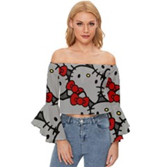 Hello Kitty, Pattern, Red Off Shoulder Flutter Bell Sleeve Top by nateshop