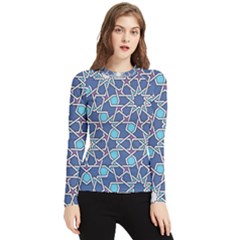 Islamic Ornament Texture, Texture With Stars, Blue Ornament Texture Women s Long Sleeve Rash Guard by nateshop