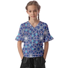 Islamic Ornament Texture, Texture With Stars, Blue Ornament Texture Kids  V-neck Horn Sleeve Blouse