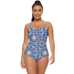 Islamic Ornament Texture, Texture With Stars, Blue Ornament Texture Retro Full Coverage Swimsuit