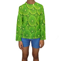 Lime Textures Macro, Tropical Fruits, Citrus Fruits, Green Lemon Texture Kids  Long Sleeve Swimwear by nateshop