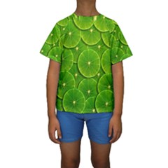 Lime Textures Macro, Tropical Fruits, Citrus Fruits, Green Lemon Texture Kids  Short Sleeve Swimwear