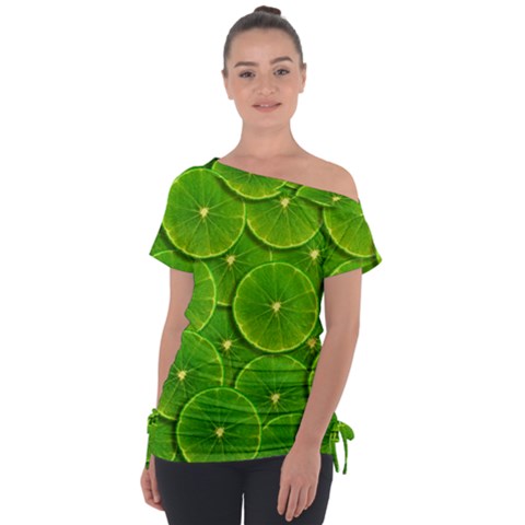 Lime Textures Macro, Tropical Fruits, Citrus Fruits, Green Lemon Texture Off Shoulder Tie-up T-shirt by nateshop