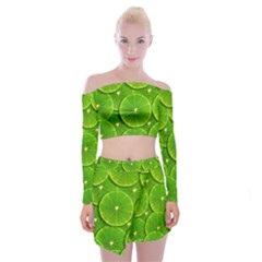 Lime Textures Macro, Tropical Fruits, Citrus Fruits, Green Lemon Texture Off Shoulder Top With Mini Skirt Set by nateshop