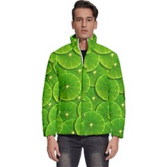 Lime Textures Macro, Tropical Fruits, Citrus Fruits, Green Lemon Texture Men s Puffer Bubble Jacket Coat by nateshop