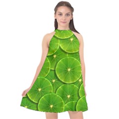 Lime Textures Macro, Tropical Fruits, Citrus Fruits, Green Lemon Texture Halter Neckline Chiffon Dress 