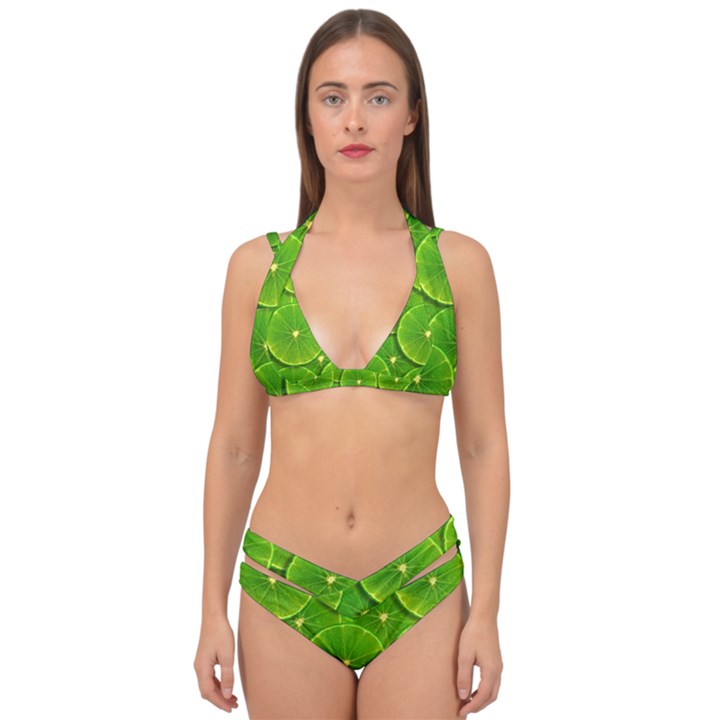 Lime Textures Macro, Tropical Fruits, Citrus Fruits, Green Lemon Texture Double Strap Halter Bikini Set