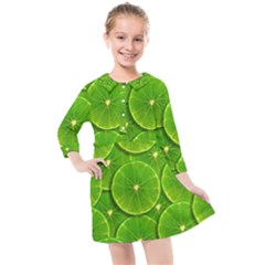 Lime Textures Macro, Tropical Fruits, Citrus Fruits, Green Lemon Texture Kids  Quarter Sleeve Shirt Dress by nateshop