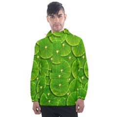 Lime Textures Macro, Tropical Fruits, Citrus Fruits, Green Lemon Texture Men s Front Pocket Pullover Windbreaker by nateshop