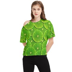 Lime Textures Macro, Tropical Fruits, Citrus Fruits, Green Lemon Texture One Shoulder Cut Out T-shirt by nateshop