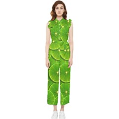Lime Textures Macro, Tropical Fruits, Citrus Fruits, Green Lemon Texture Women s Frill Top Chiffon Jumpsuit by nateshop
