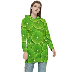 Lime Textures Macro, Tropical Fruits, Citrus Fruits, Green Lemon Texture Women s Long Oversized Pullover Hoodie by nateshop